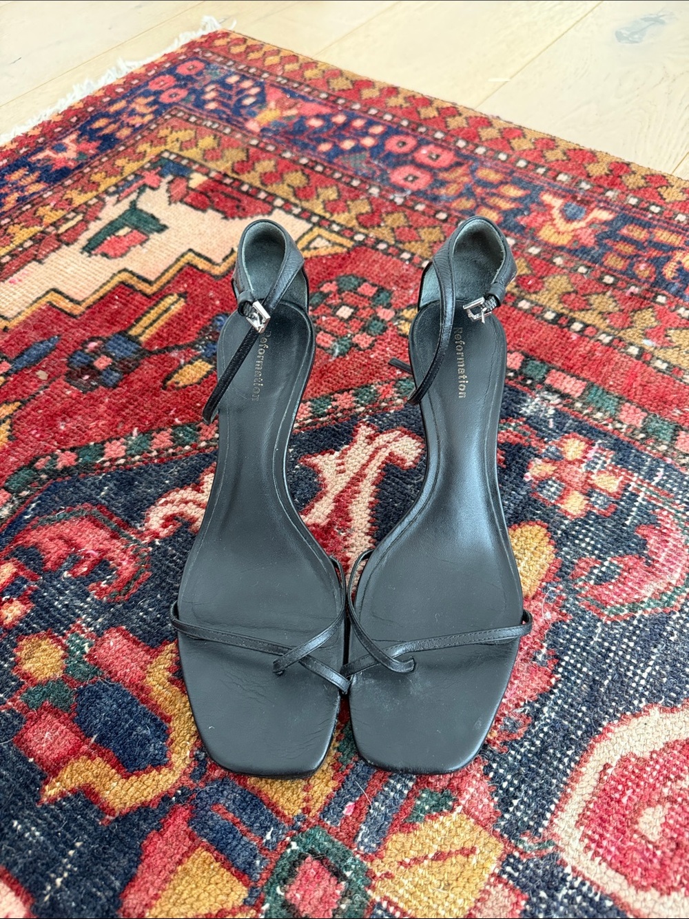Reformation Black Strappy Square-Toe Ankle-Heels